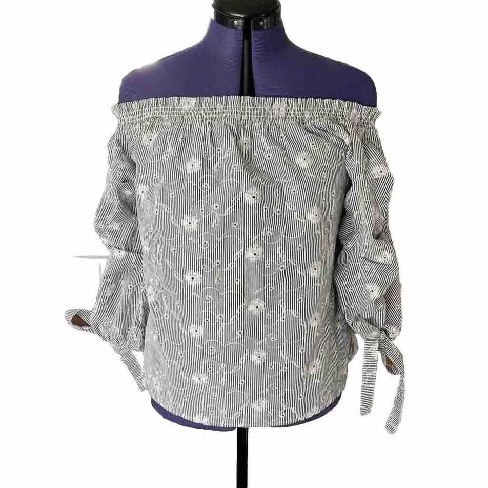 Nordstrom Socialite Navy and White Off-Shoulder Striped Floral Embroidery Top